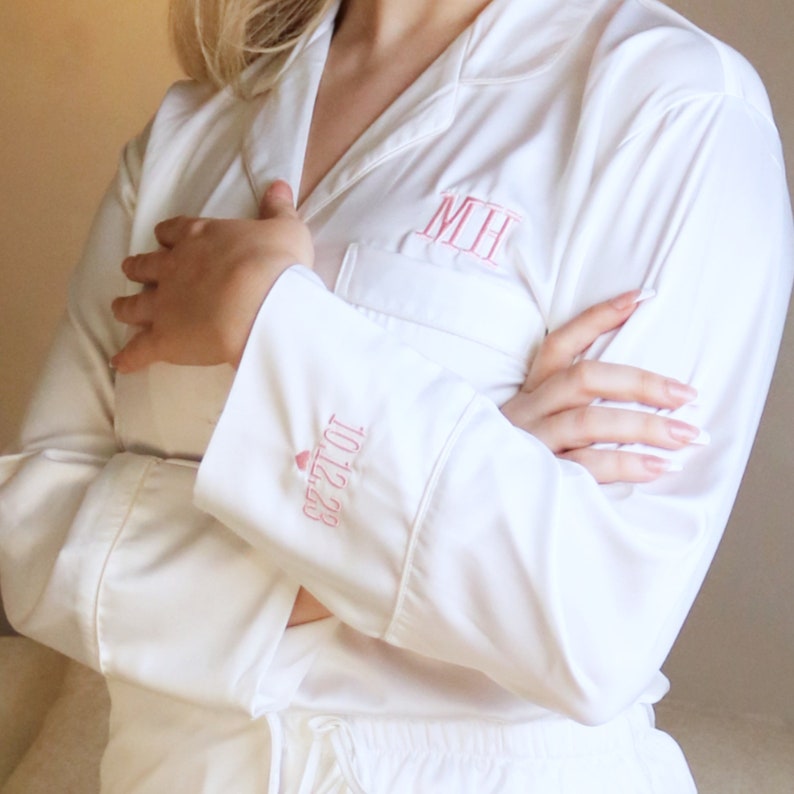 Personalised Wedding Pyjamas With Sleeve Embroidery, Wedding Keepsake Pyjamas, Wedding Morning Pyjamas, Future Mrs Pjs, Honeymoon Pjs