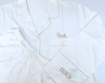 White Personalised Bride Pyjamas With Sleeve Embroidery, Wedding Keepsake Pjs, Wedding Morning Pyjamas, Future Mrs Pjs,  Honeymoon Pjs,