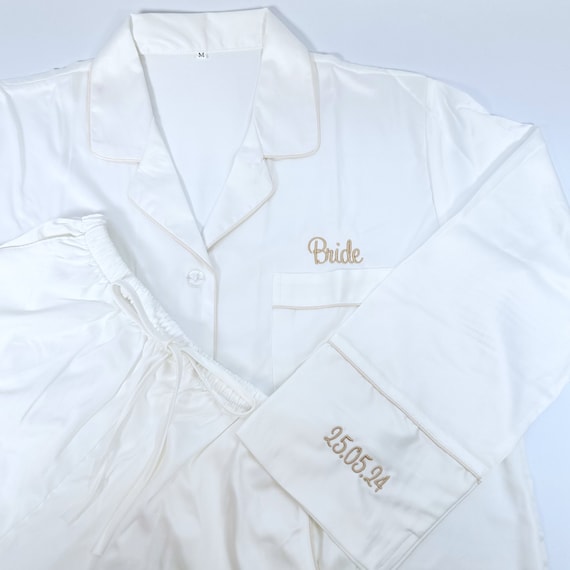 White Personalised Bride Pyjamas With Sleeve Embroidery, Wedding Keepsake Pjs, Wedding Morning Pyjamas, Future Mrs Pjs,  Honeymoon Pjs,
