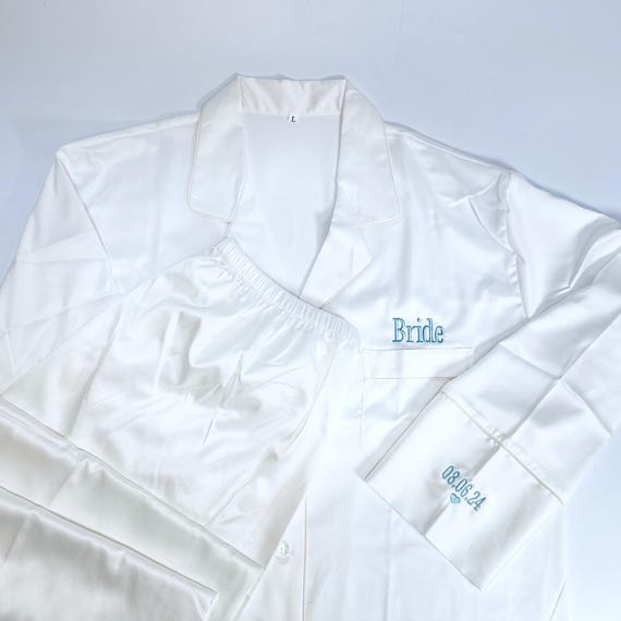 Personalised Something Blue For Bride Wedding Morning Pyjamas With Sleeve Embroidery, Wedding Keepsake Pjs, Future Mrs Pjs, Honeymoon Pjs,