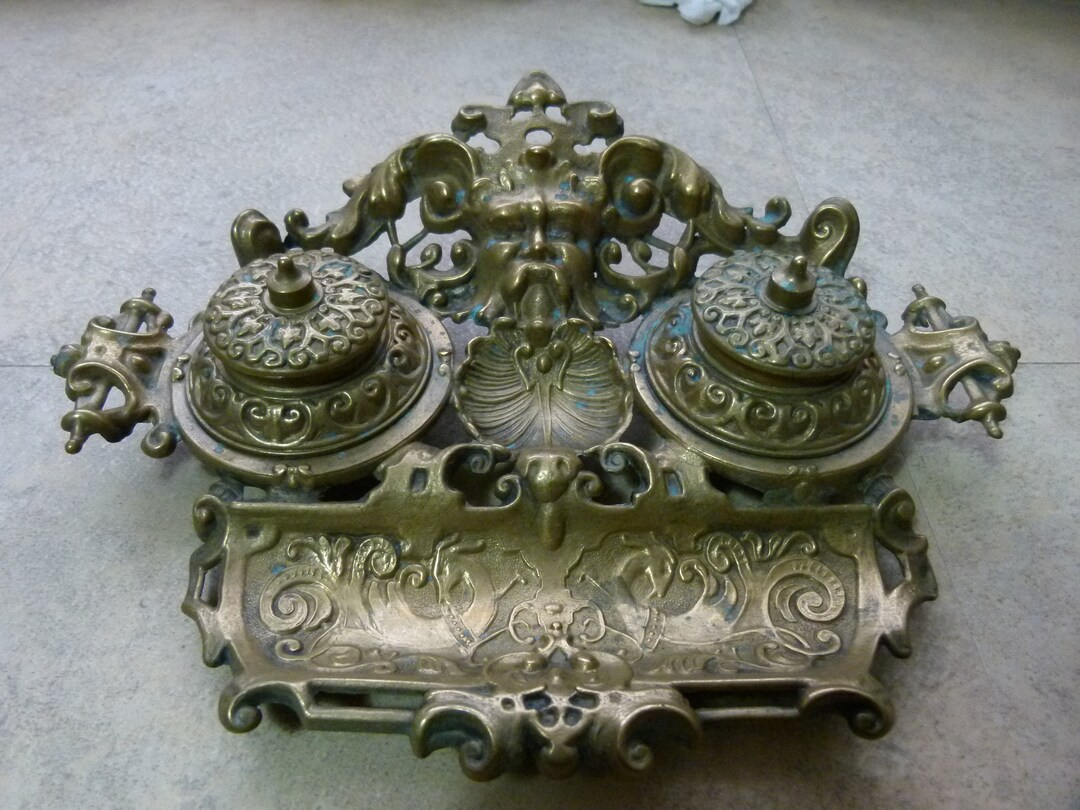 Antique Solid Brass Double Inkwell Ornamented British Empire Etsy