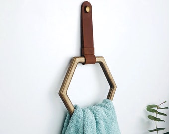 Sechseck Handtuchring für Badezimmer, Handtuchhalter aus Holz, Leder und Holz Handtuchhalter, Küchenhandtuch-Aufhänger