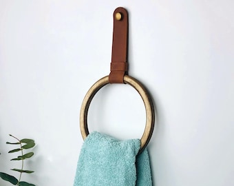 Bathroom hand towel holder, Leather towel ring for wall, Wood small towel rack