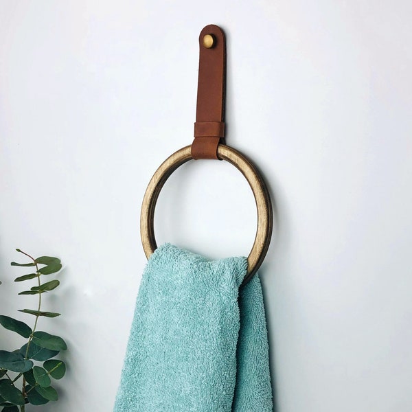 Bathroom hand towel holder, Leather towel ring for wall, Wood small towel rack