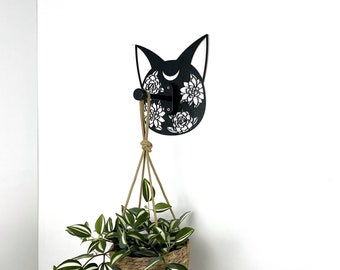Mystical Black Cat Wall Hook | Wooden Indoor Plant Hanger Bracket | Witchy Aesthetic Wall Decor