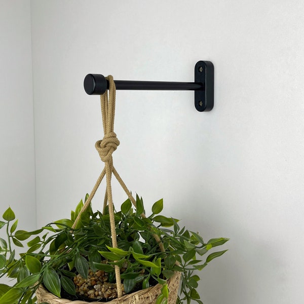 Black indoor plant hanger, 10" Long plant holder bracket, Wood and metal wall hooks for planter
