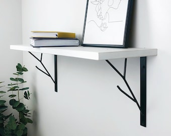 White floating shelf with black metal brackets, 24" 26" 28" 30" or 32 inch modern wooden wall shelves with tree branch brackets