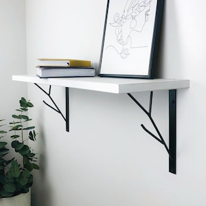 White floating shelf with black metal brackets, 24&quot; 26&quot; 28&quot; 30&quot; or 32 inch modern wooden wall shelves with tree branch brackets