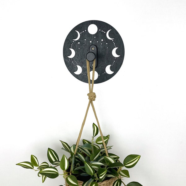 Mystical Moon Phases Plant Hanger Hook, Black Wooden Indoor Plant Bracket, Wall Hanging Hook for Planter
