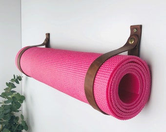 Yoga mat holder Wall hanging leather straps Yoga mat storage Gym mat rack