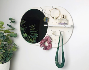 White round mirror with shelf and hooks, DIY jewelry organizer for wall, Necklace and earring holder