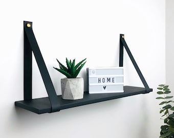 Black floating wood shelf with leather strap Shelf with brackets Unique modern shelf Leather shelves on wall