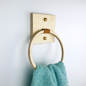 Houten handdoekhouder, boerderij handdoekring voor badkamer, leren en houten handdoekenrek