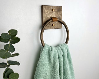 Wooden towel ring for bathroom, Round hand towel holder for wall