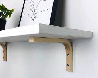 30", 32", 34", 36 inch White floating shelf Wood wall shelf with brackets Unique modern shelves on wall