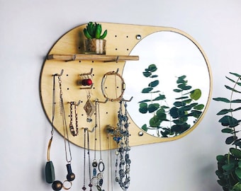 Wall Jewelry Organizer with Mirror & Shelf: Birch Plywood Necklace Holder