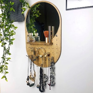 Mirror jewelry organizer Wall jewelry holder shelf Wood wall jewelry organizer with shelf Necklace holder wall Earring organizer wall image 1