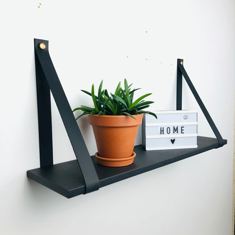 Black Floating Wood Shelf With Leather Strap Shelf With Etsy