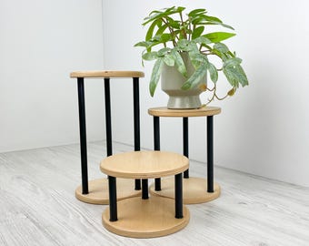 Indoor Plant Stand Set – 3 Wooden Plant Risers for Small Plants