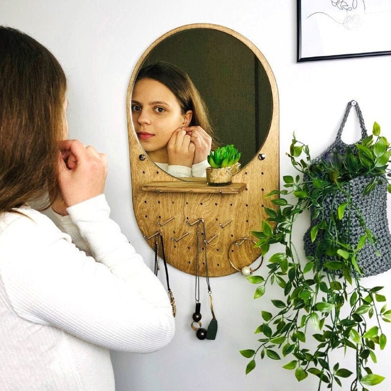 Mirror jewelry organizer Wall jewelry holder shelf Wood wall jewelry organizer with shelf Necklace holder wall Earring organizer wall image 8