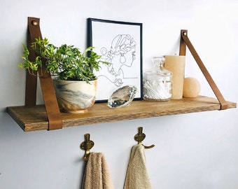 Bathroom shelves with hooks Over toilet storage Wall shelf for towels Wood hanging shelves Leather strap shelf
