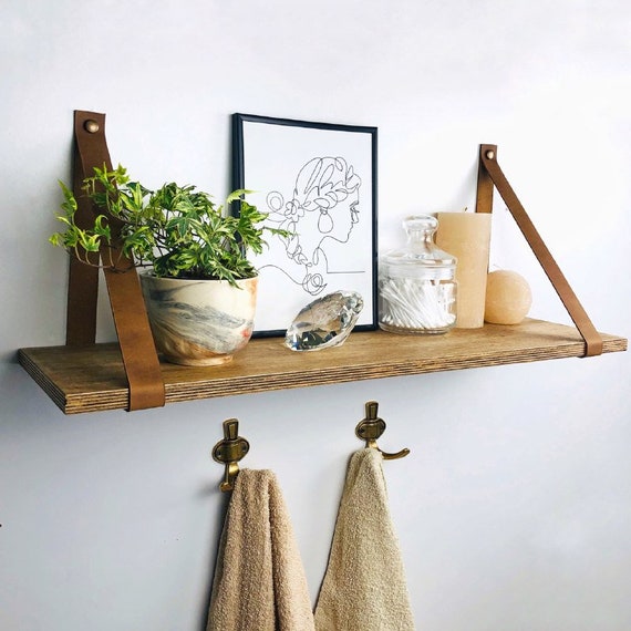 Bathroom Shelves With Hooks Over Toilet Storage Wall Shelf for Towels Wood  Hanging Shelves Leather Strap Shelf 