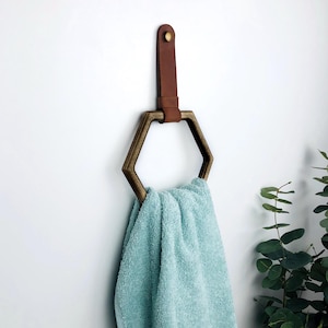Hexagon towel ring for bathroom, Wooden hand towel holder, Leather and wood towel rack, Kitchen towel hanger