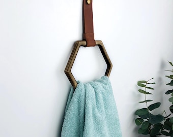 Hexagon towel ring for bathroom, Wooden hand towel holder, Leather and wood towel rack, Kitchen towel hanger
