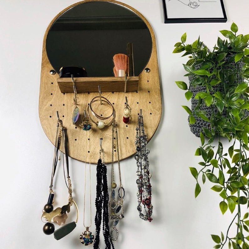 Mirror jewelry organizer Wall jewelry holder shelf Wood wall jewelry organizer with shelf Necklace holder wall Earring organizer wall image 6
