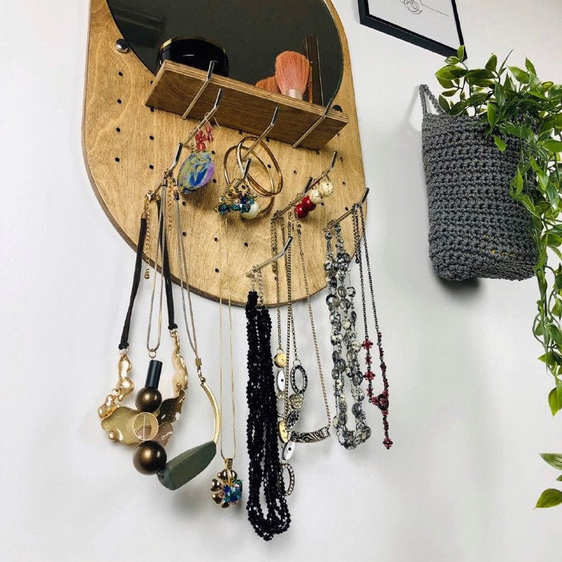 Mirror jewelry organizer Wall jewelry holder shelf Wood wall jewelry organizer with shelf Necklace holder wall Earring organizer wall image 7