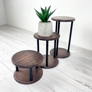 May include: A set of three tiered circular display stands featuring dark brown stained wooden platforms supported by thin black metal legs. A small green succulent plant sits in a light gray hexagonal concrete pot on the middle height stand.