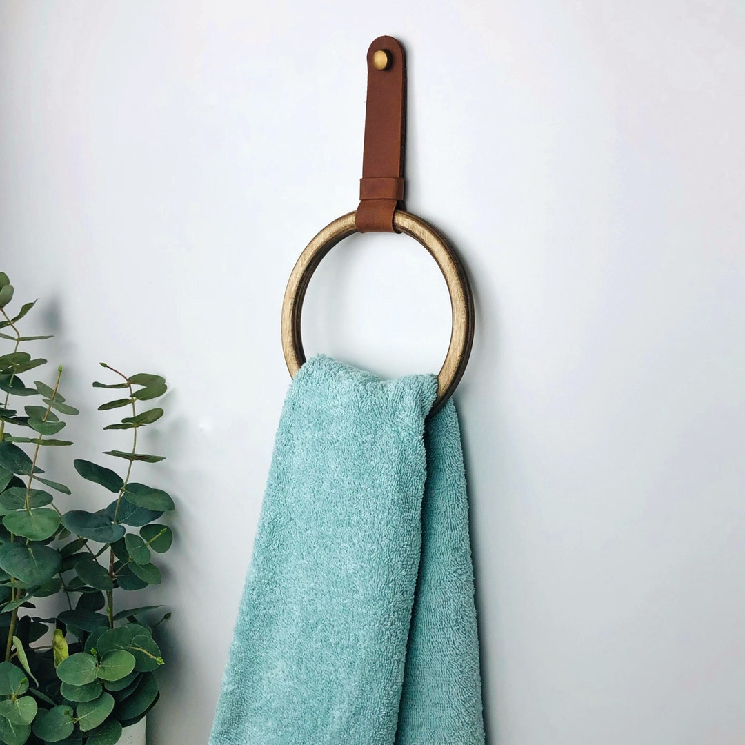 Bathroom Hand Towel Holder, Leather Towel Ring for Wall, Wood Small ...