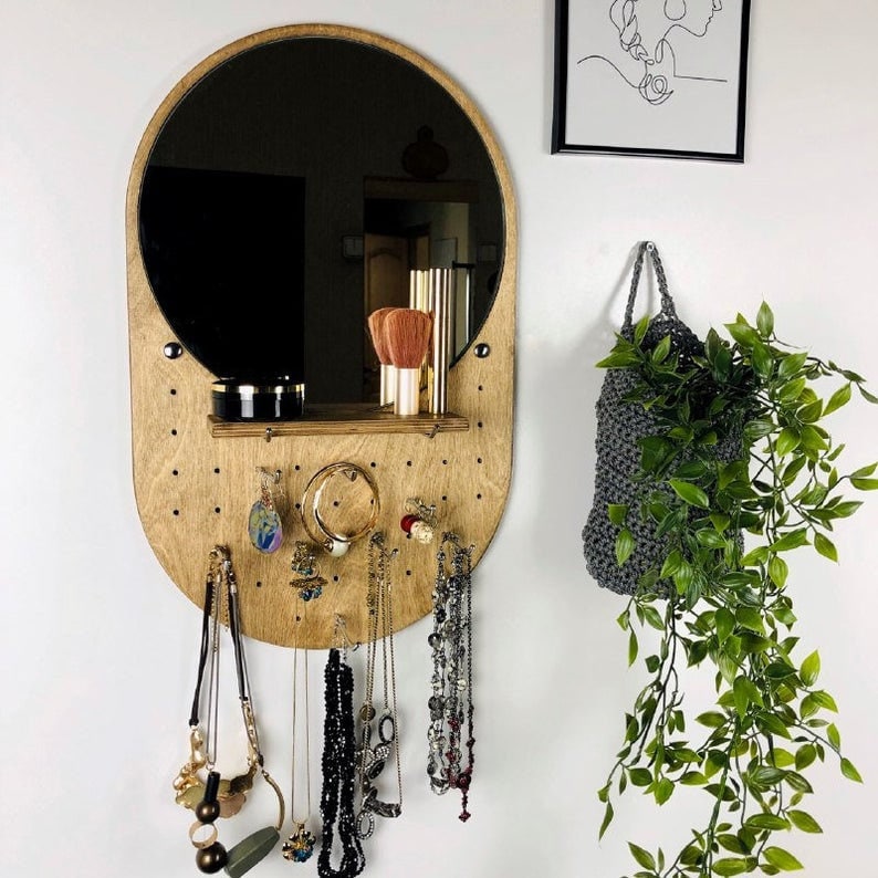 Mirror jewelry organizer Wall jewelry holder shelf Wood wall jewelry organizer with shelf Necklace holder wall Earring organizer wall image 2