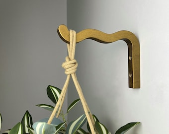 Brass Color Plant Bracket for Wall, Wooden Wavy Plant Hook for Planter