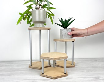 3 Tier Small Wood Plant Display | Desktop Hexagon Stand for Succulents | Boho Indoor Pot Holder