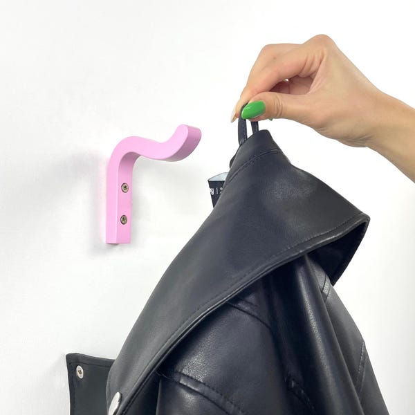 Small Pink Wood Hook for Wall | Unique Colorful Wavy Hanger Rack