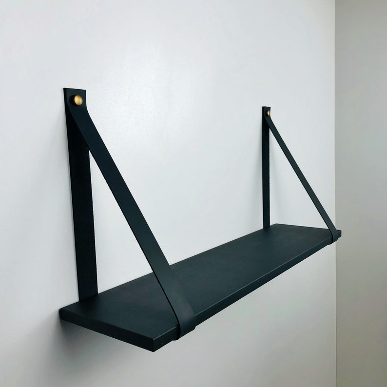 Black Floating Wood Shelf With Leather Strap Shelf With Etsy