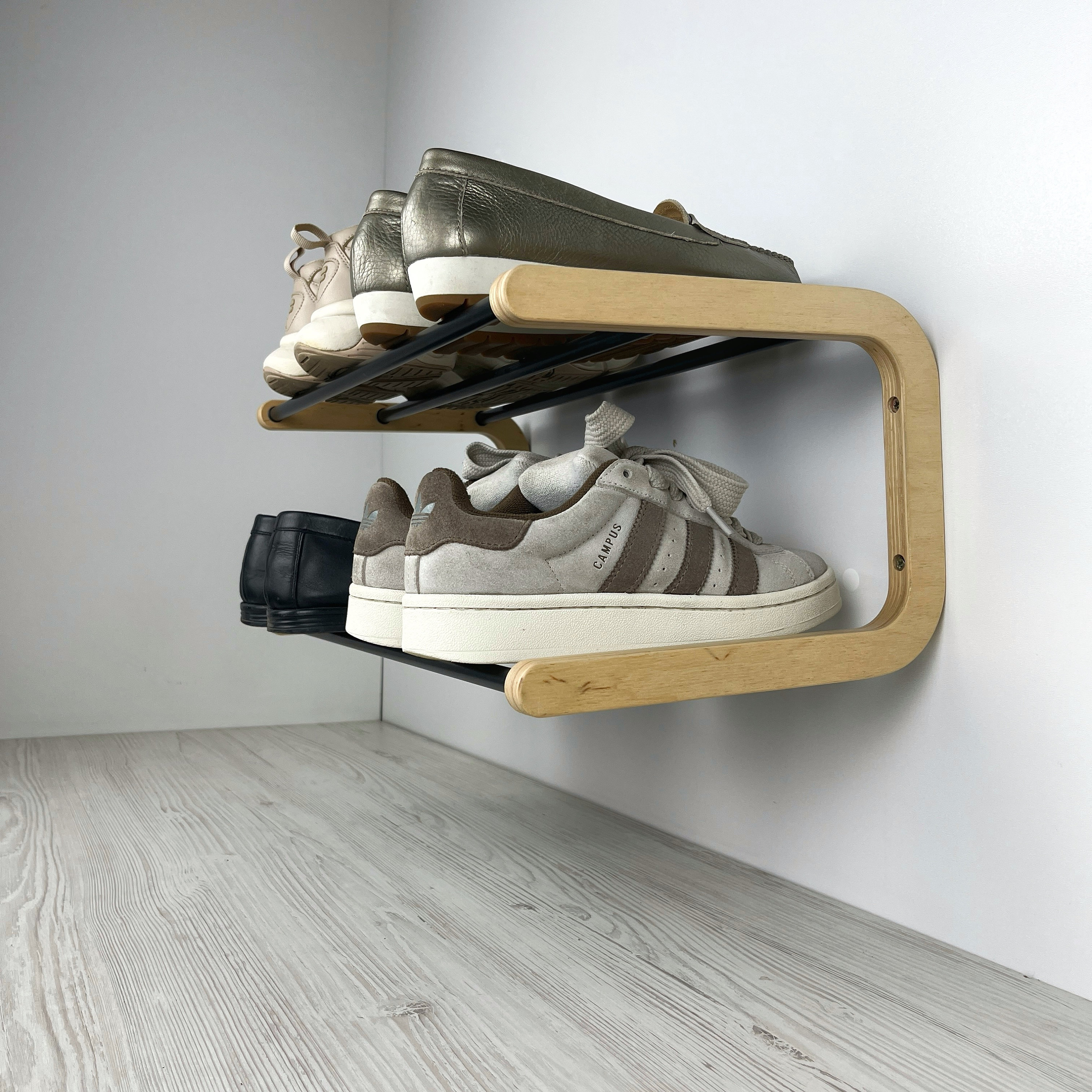 2-tier Wall Shoe Rack: Birch Wood & Black Metal, Small Entryway ...