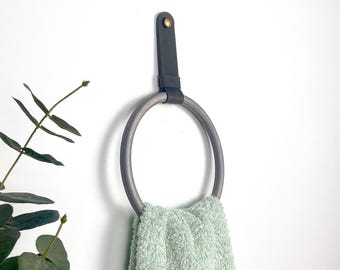 Hand Towel Holder – Wooden Towel Ring with Leather Strap for Bathroom