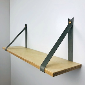 Leather strap shelf, Gray shelf brackets, Wall hanging straps for shelf, Support bracket straps