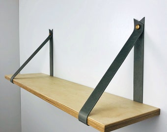 Leather strap shelf, Gray shelf brackets, Wall hanging straps for shelf, Support bracket straps