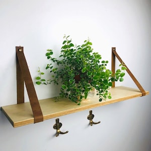 May include: A wooden shelf with two leather straps and two brass hooks. A potted plant with green leaves sits on the shelf.