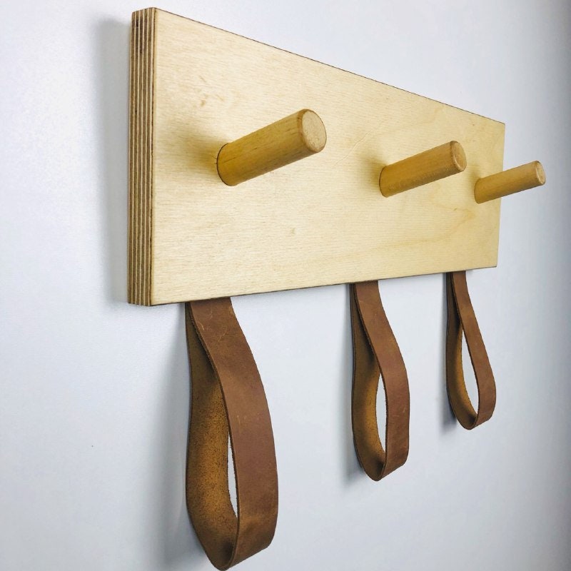 Wooden Peg Coat Rack Wall Mount Wood and Leather Coat Hooks Etsy