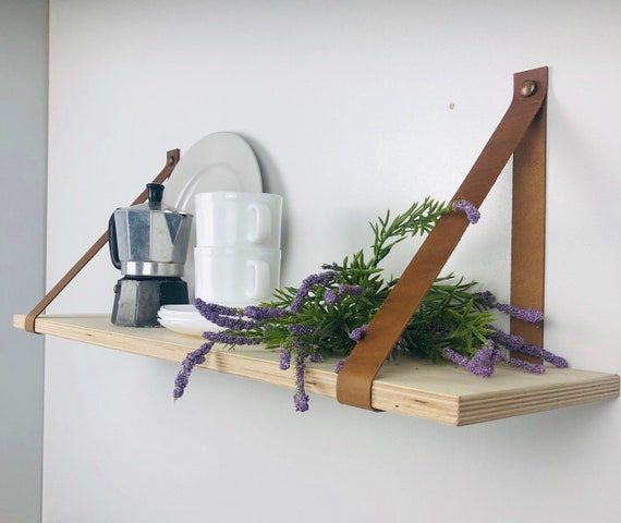 Floating shelf hanging on leather straps Wall shelves for kitchen Wall shelf books Wall plant shelf Bathroom wood shelves Rustic wall shelf