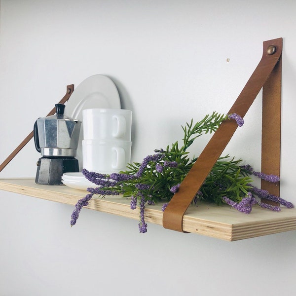 Floating shelf hanging on leather straps Wall shelves for kitchen Wall shelf books Wall plant shelf Bathroom wood shelves Rustic wall shelf