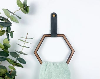 Wood and Leather Hand Towel Holder for Bathroom