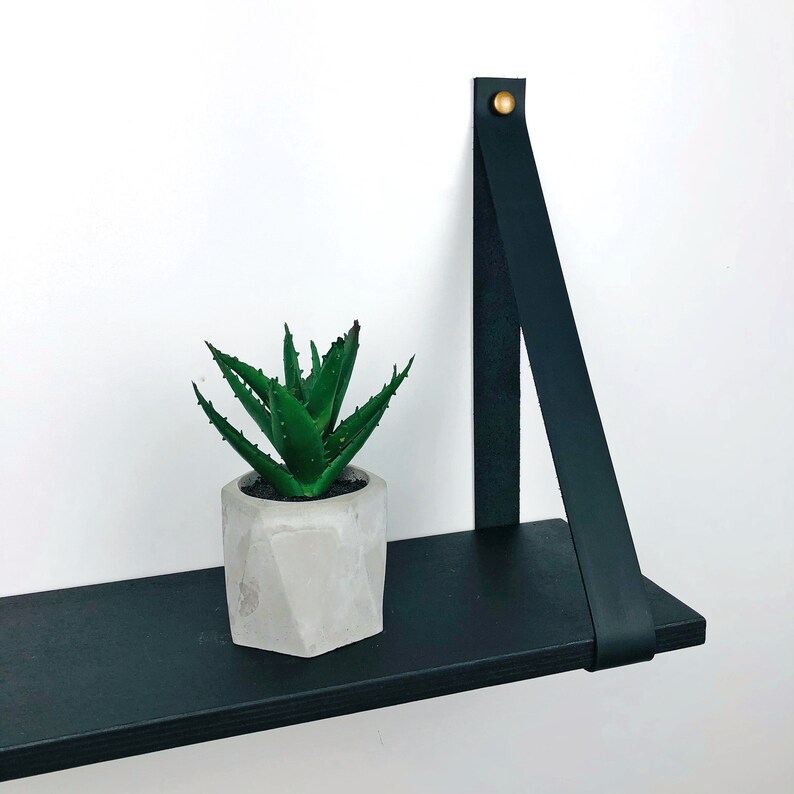 Black Floating Wood Shelf With Leather Strap Shelf With Etsy