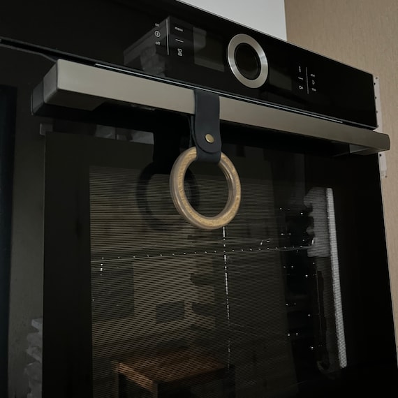 Wood and Leather Kitchen Towel Ring, Oven Handle Hanger