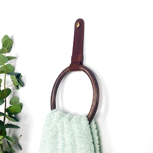 Bathroom hand towel holder, Leather towel ring for wall, Wood small towel rack
