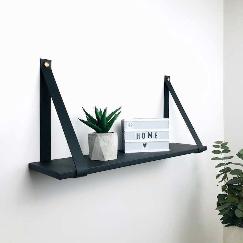 Black Floating Wood Shelf With Leather Strap Shelf With Etsy